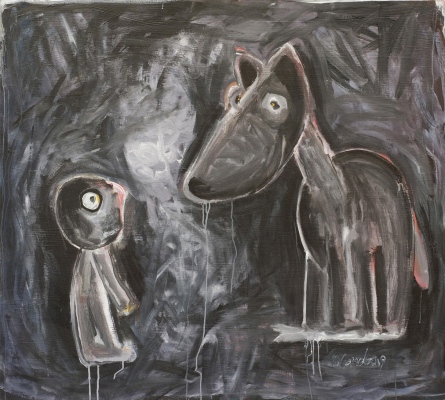 Satik&amp;scaron;anās mežā &amp;bull;&amp;nbsp;Encounter in the Forest, 2008, Oil on canvas, 120 x 140 cm